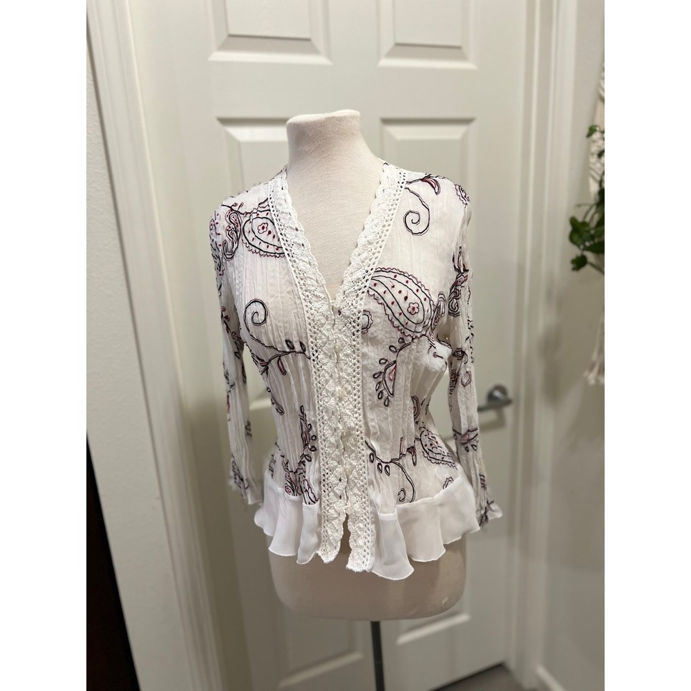 Vintage White Paisley Embroidered Long Sleeve Bloused Size Large